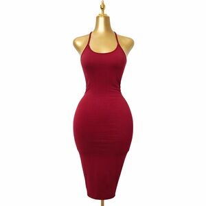 Primi Burgundy Bodycon Midi Dress - Sleeveless Scoop Neck Back Straps